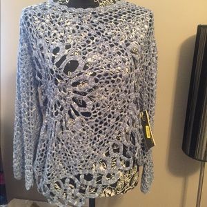 Blue and white crochet long sleeve top